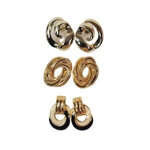 Gold Tone Earrings: Swirl, Twisted Rope, Black & Cream Enamel. Lot of 3 Pairs